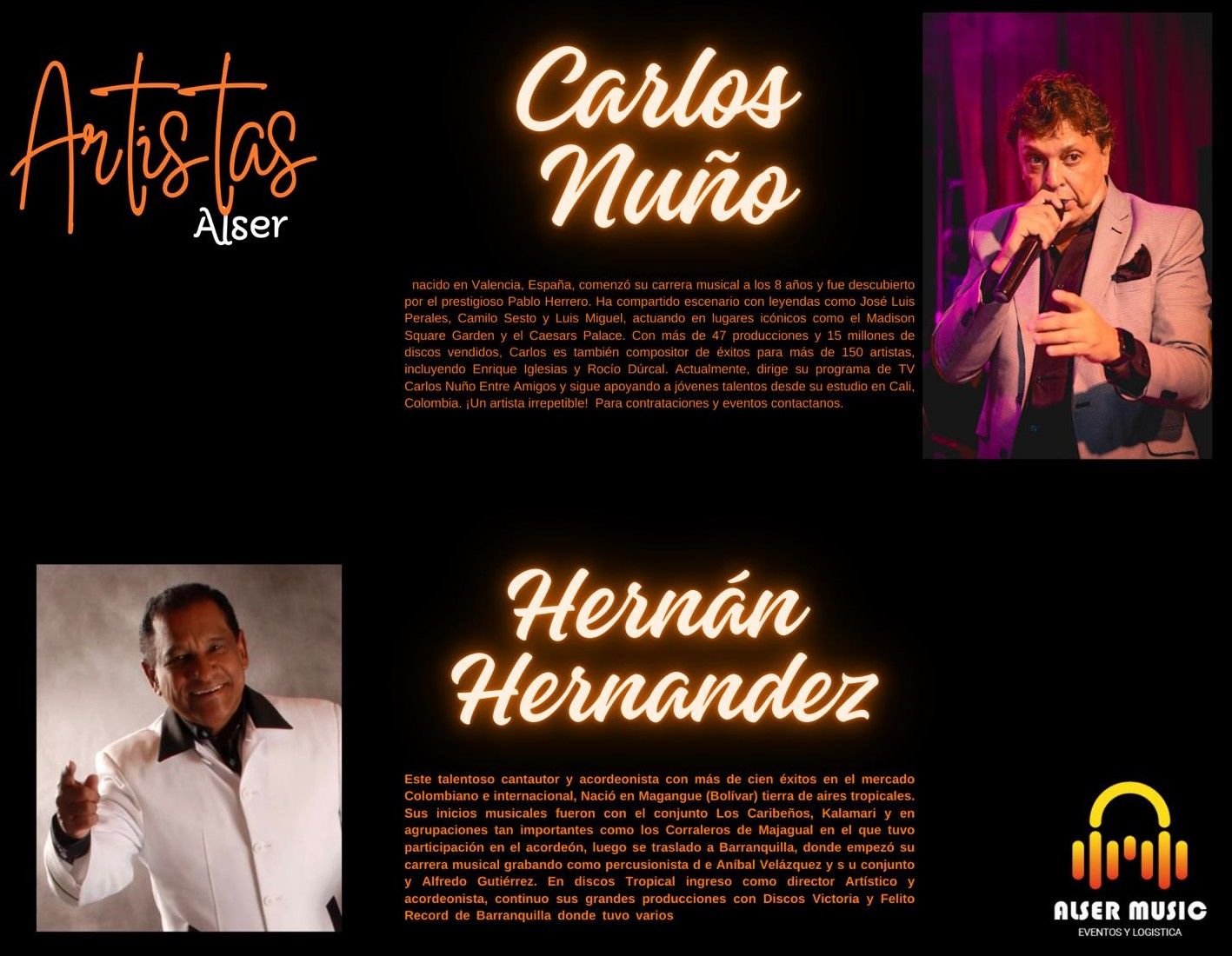 Gráfico promocional con Carlos Nuño y Hernán Hernández. Fondo negro, texto cálido.
