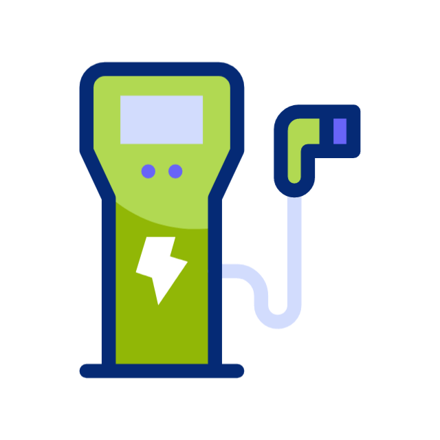 Estación de carga para vehículos eléctricos, verde con detalles azules, logotipo de rayo blanco.