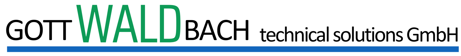 Logo: GOT, WALD, BACH. Text „Technical solutions GmbH“. Dunkelblaue Unterstreichung.