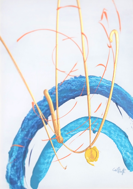 Arches bleues abstraites avec des lignes orange et un petit cercle jaune sur fond clair
