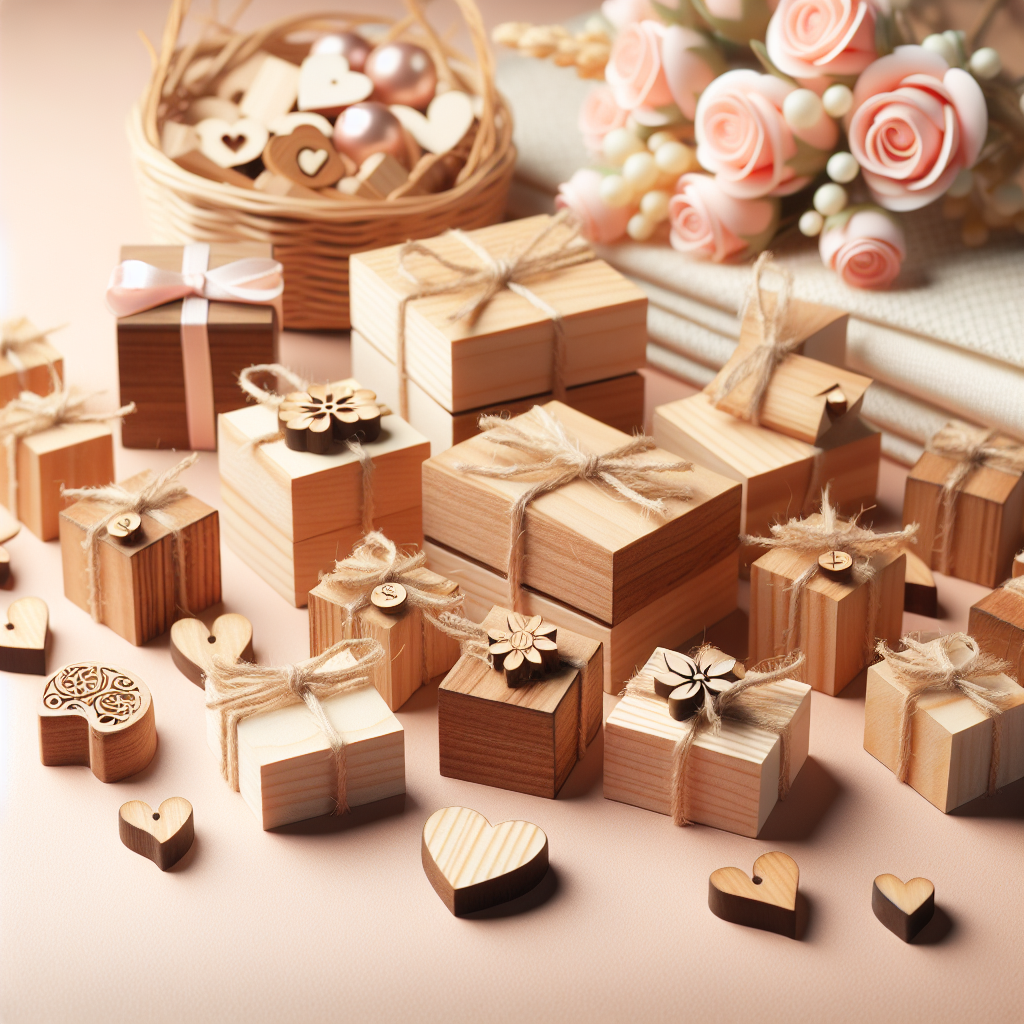 Realistic stock image of wooden wedding favors.