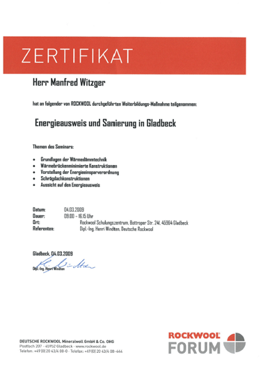 Zertifikat Witzger Bedachungen GmbH