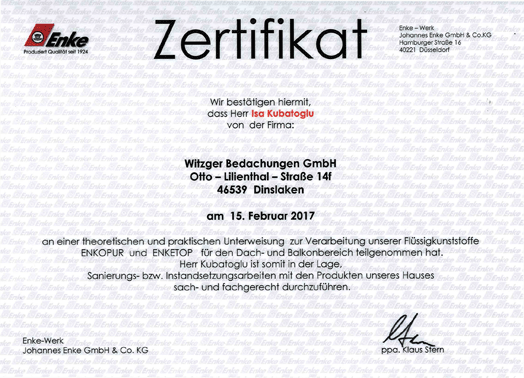 Zertifikat Witzger Bedachungen GmbH