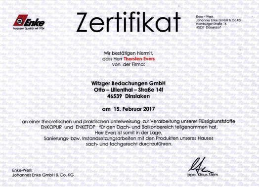 Zertifikat Witzger Bedachungen GmbH