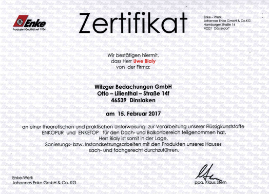 Zertifikat Witzger Bedachungen GmbH