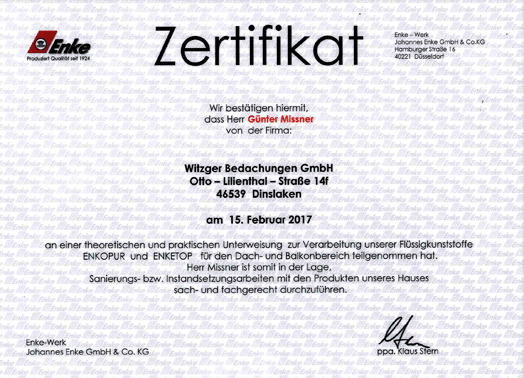 Zertifikat Witzger Bedachungen GmbH