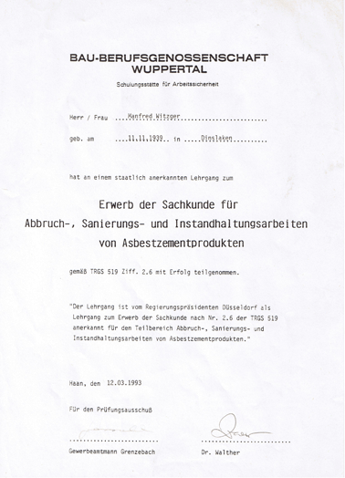 Bescheinigung Witzger Bedachungen GmbH