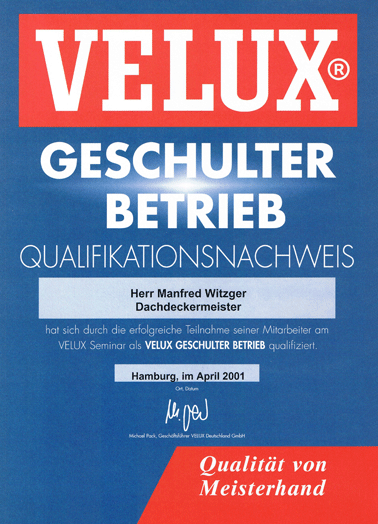 Velux-geschulter Betrieb: Witzger Bedachungen GmbH