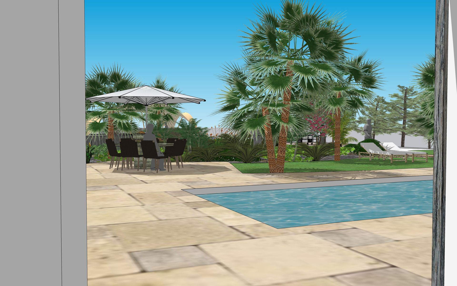 Patio con piscina, mesa y palmeras bajo un cielo azul brillante.