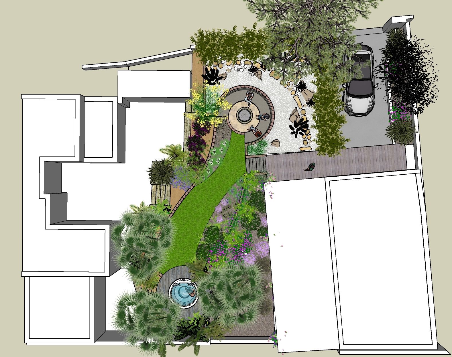 Vista aérea de un diseño de jardín con patio circular, césped y entrada para vehículos. Se han plantado árboles y arbustos.