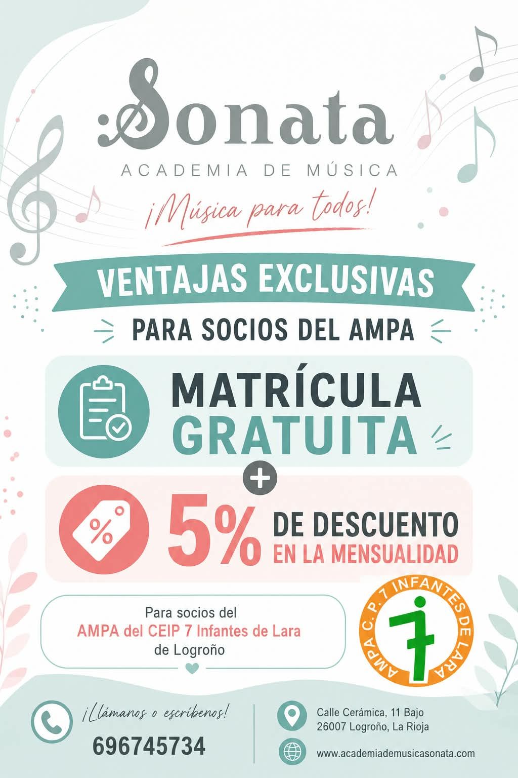 Cartel rosa y verde de Sonata Academia de Música con matrícula gratis y 5% de descuento para socios AMPA.