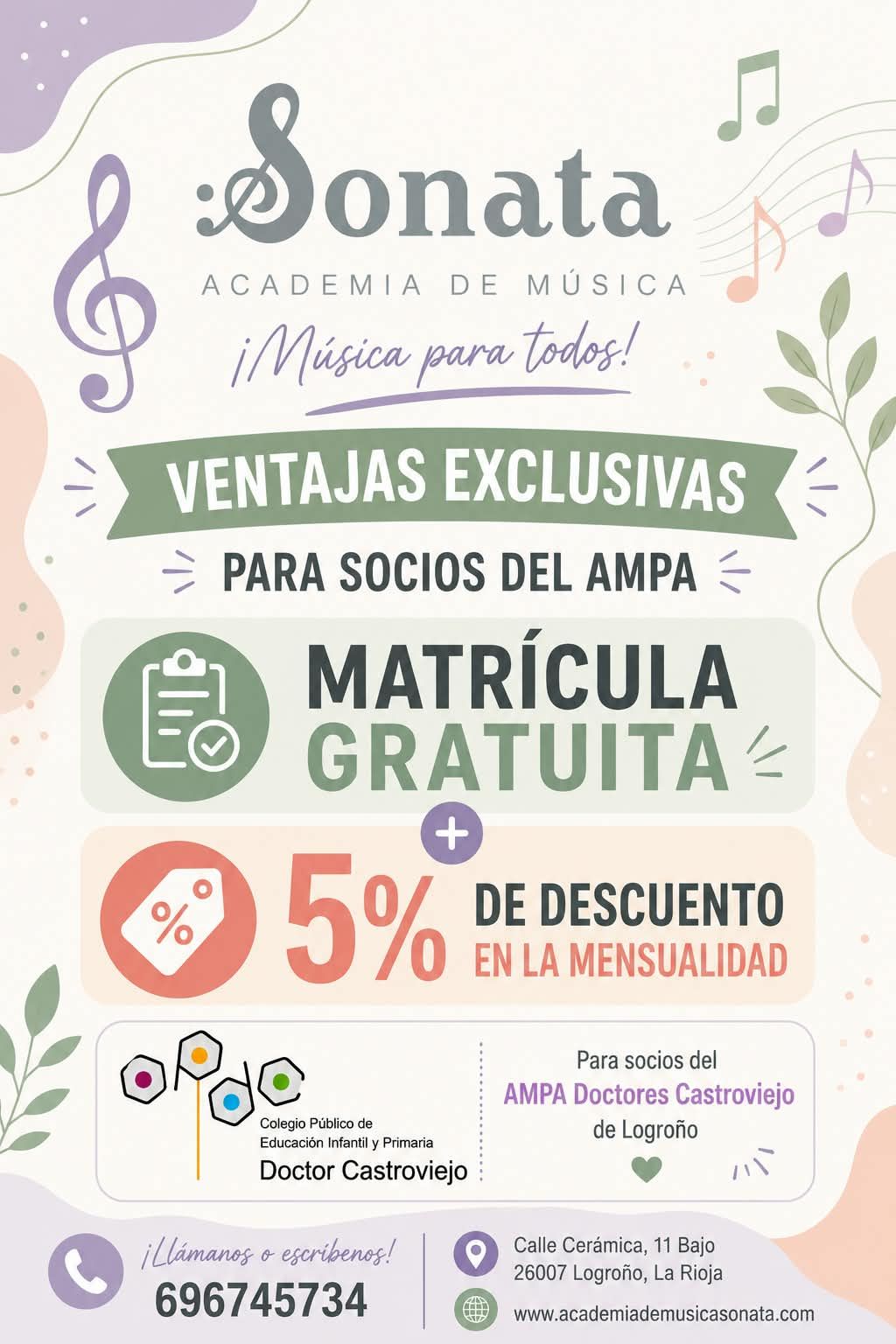 Folleto de la academia de música Sonata con descuentos exclusivos de AMPA, matrícula gratuita y 5% de descuento en clases particulares.