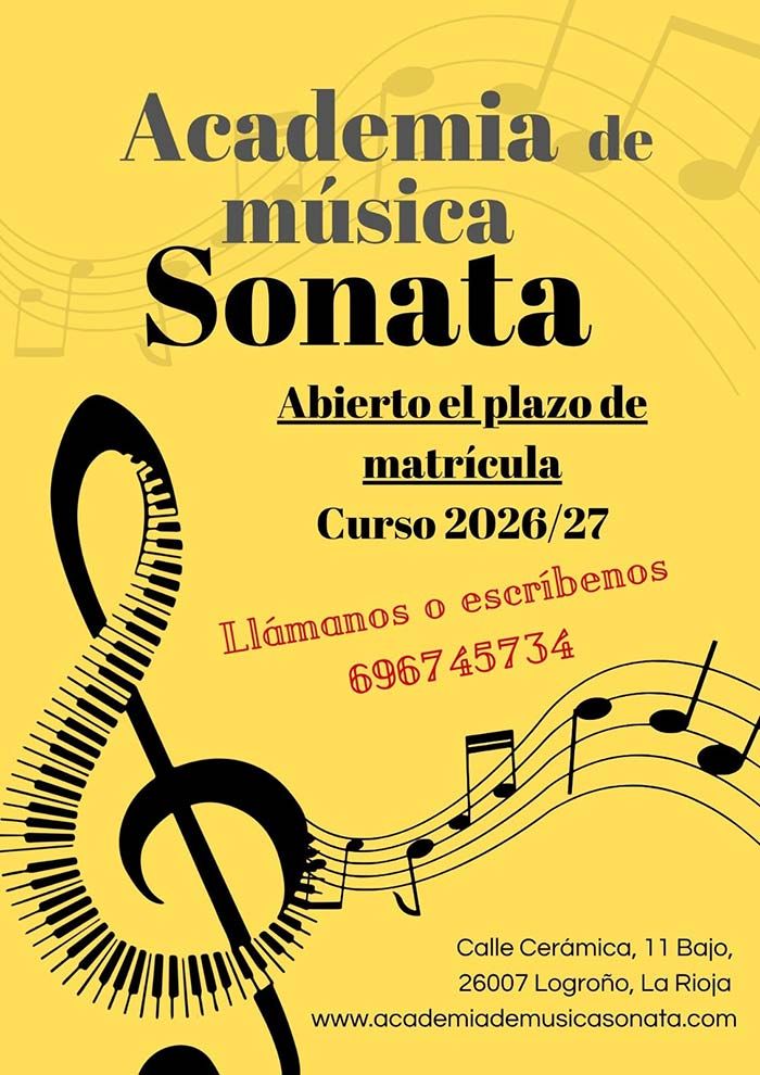 Cartel de la Academia de Música Sonata, amarillo con clave de sol, inscripción abierta, cursos 2026/27.