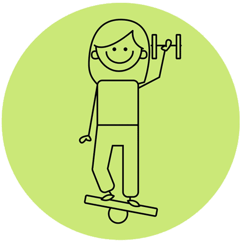 Eine Comicfigur balanciert auf einem Skateboard und hebt eine Hantel vor einem grünen Kreishintergrund.