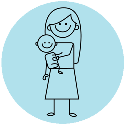 Einfache Strichzeichnung einer lächelnden Person, die ein Baby hält, innerhalb eines hellblauen Kreises.