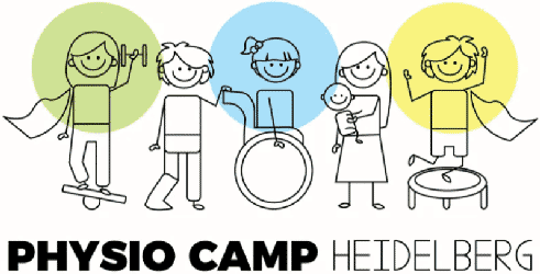 Logo mit der Aufschrift „PHYSIO CAMP HEIDELBERG“ und fünf einfachen Strichzeichnungen in farbigen Kreisen über dem Text.