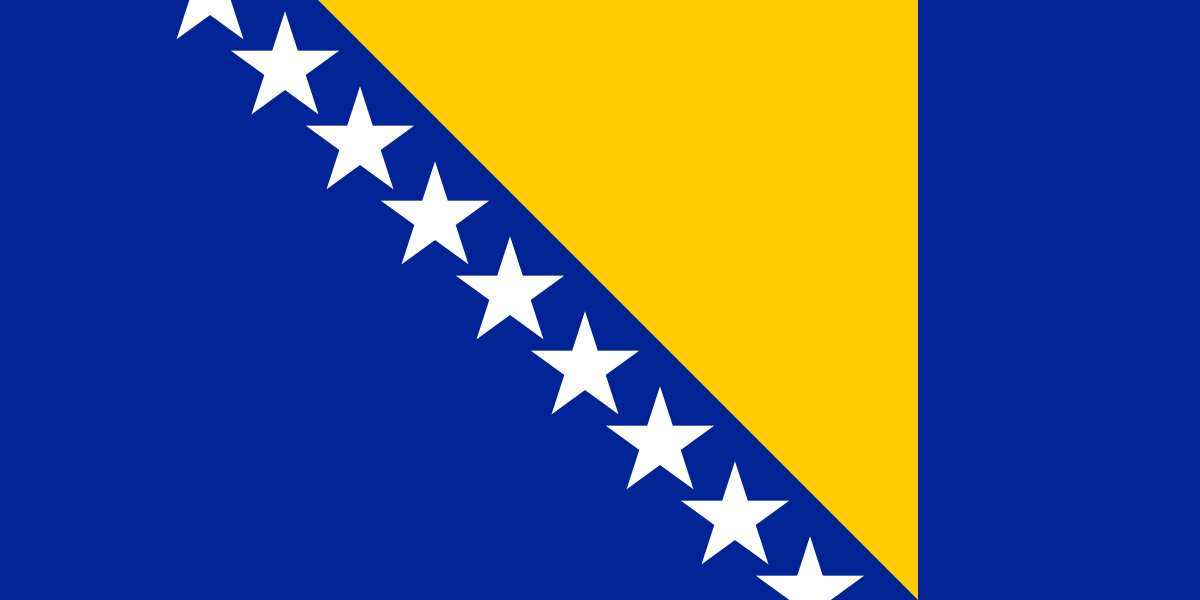Bandera de Bosnia y Herzegovina: campo azul con triángulo amarillo y estrellas blancas.