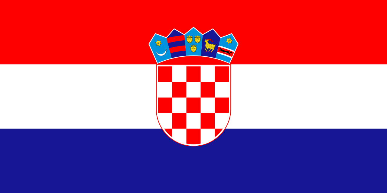 Bandera de Croacia: rayas horizontales rojas, blancas y azules con un escudo de armas en el centro.