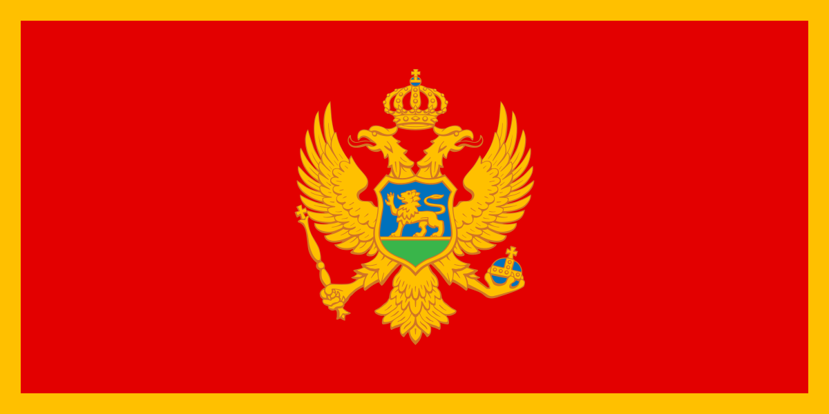 Bandera de Montenegro: un campo rojo con un borde amarillo y el escudo de armas centrado.