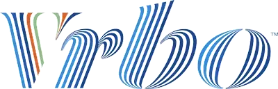 Vrbo logo: blue and teal striped letters on white background.
