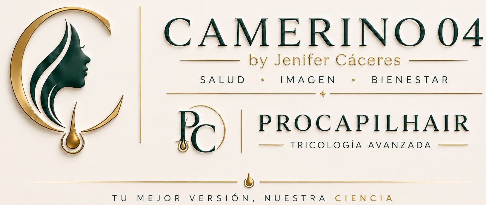 Logotipos de Camero 04 y Procapilhair en dorado y blanco con texto de bienestar en español sobre un fondo claro.
