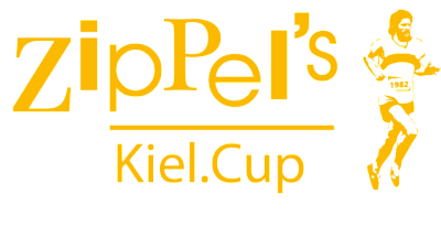 Das Kiel.Cup-Logo von ZipPel: Gelber Text und Läufersilhouette auf Weiß. Der Läufer trägt eine Startnummer.