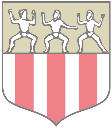 Wappen mit drei Figuren in dynamischen Posen über einem rot-weiß gestreiften Feld.