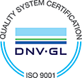 DNV GL -laatujärjestelmän sertifiointilogo, jossa on sininen pyöreä teksti ja ISO 9001 -tarra
