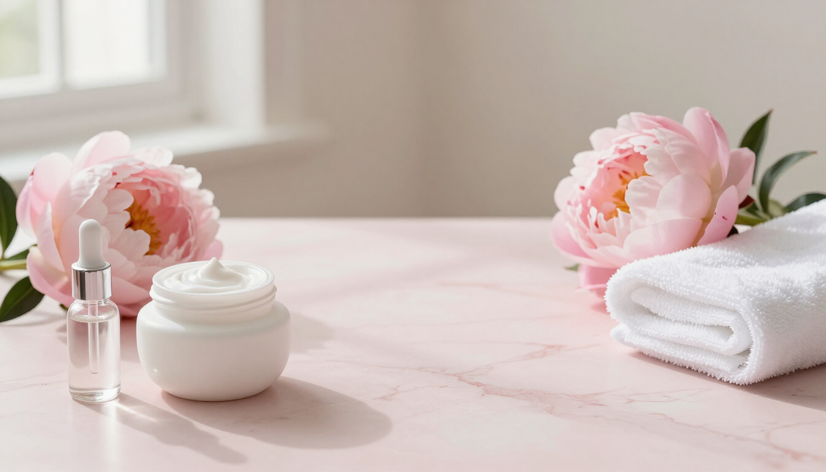 Rosa Pfingstrose, Cremetiegel und Serumflasche auf rosa Marmor