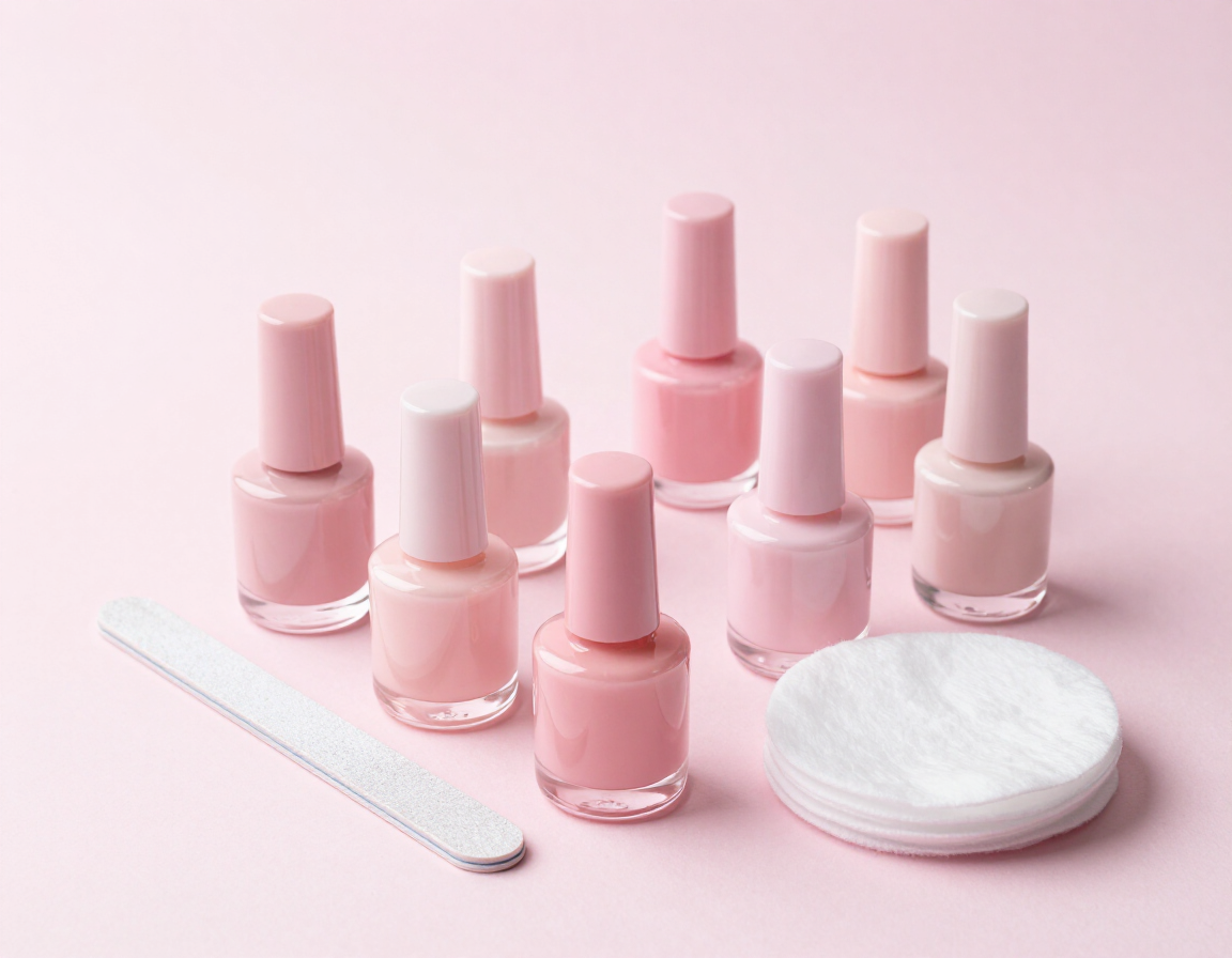 Nagellackfläschchen in zarten Rosatönen auf heller Fläche