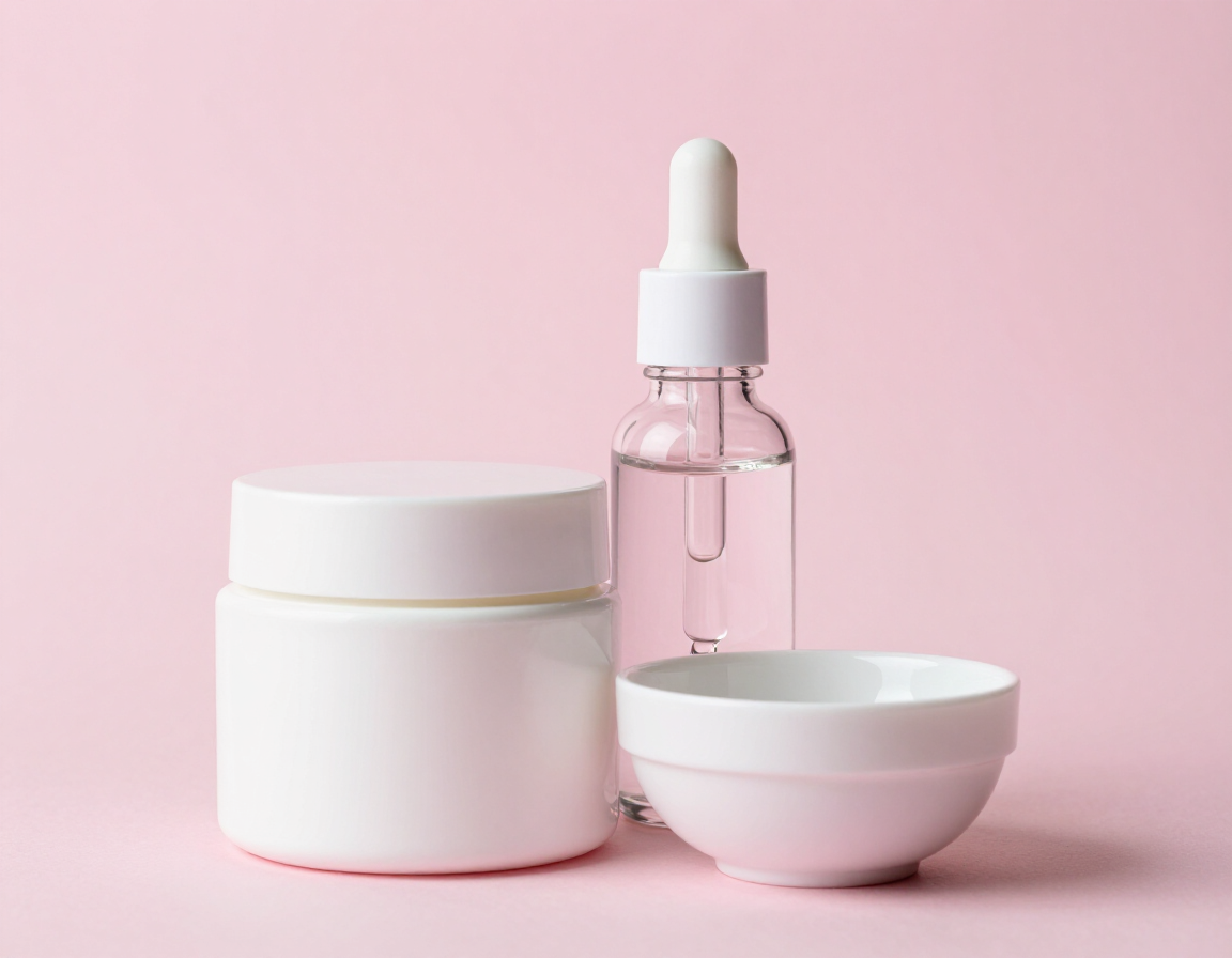 Weisser Cremetiegel und Glasfläschchen mit Pipette auf rosa Fläche