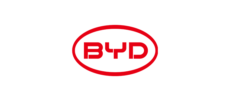 BYD-Logo in einem roten Oval. „BYD“ in roter Schrift.