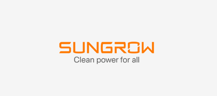 Sungrow-Logo in Orange mit dem Slogan „Saubere Energie für alle“ auf weißem Hintergrund.