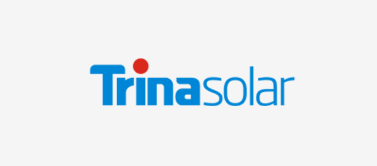 Logo für Trina Solar, ein Unternehmen für Solarmodule. Blauer Text mit rotem Punkt.
