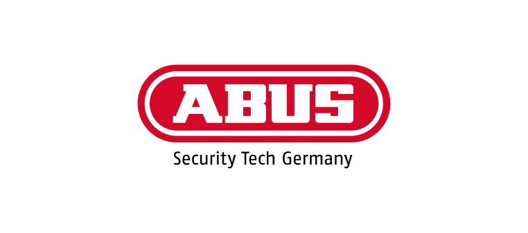 ABUS-Logo, rotes Oval mit weißem Schriftzug „ABUS“, darunter „Security Tech Germany“.