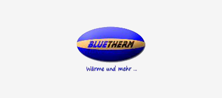 Logo für Bluetherm, ein blaues Oval mit der Aufschrift 
