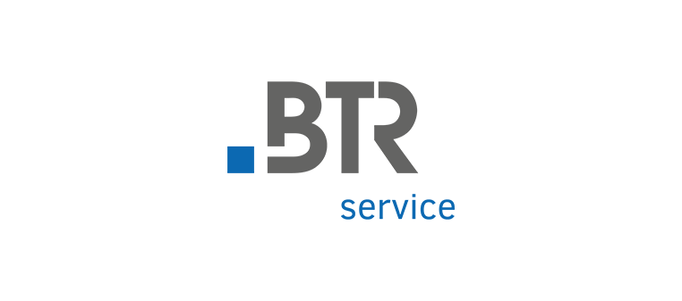 Logo mit den Buchstaben BTR in Grau, einem blauen Quadrat vor dem B und dem Wort „Service“ darunter.