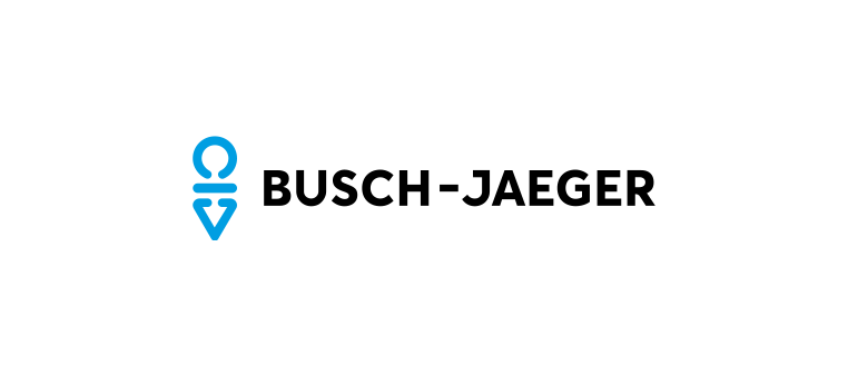 Logo für Busch-Jaeger, mit türkisfarbener Grafik und schwarzem Text.