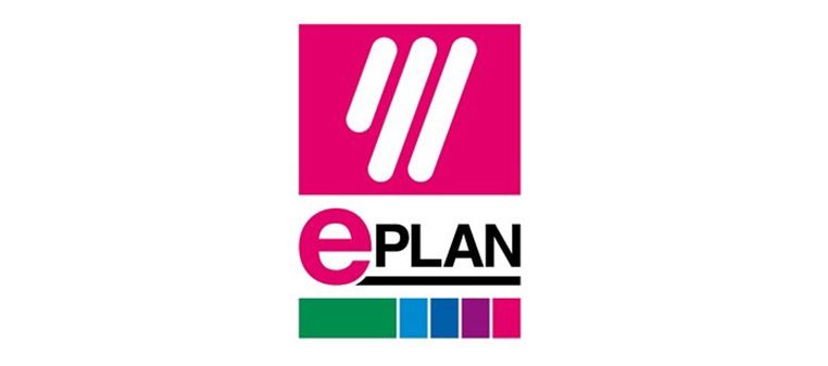 EPLAN-Logo mit rosa Quadrat und drei weißen Linien, dem Schriftzug „ePLAN“ und farbigen Streifen.