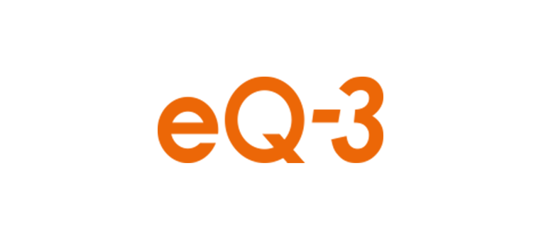 Orangefarbener Text „eQ-3“ auf weißem Hintergrund.