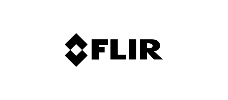 Schwarzes FLIR-Logo auf weißem Hintergrund mit rautenförmigem Design und dem Wort „FLIR“.