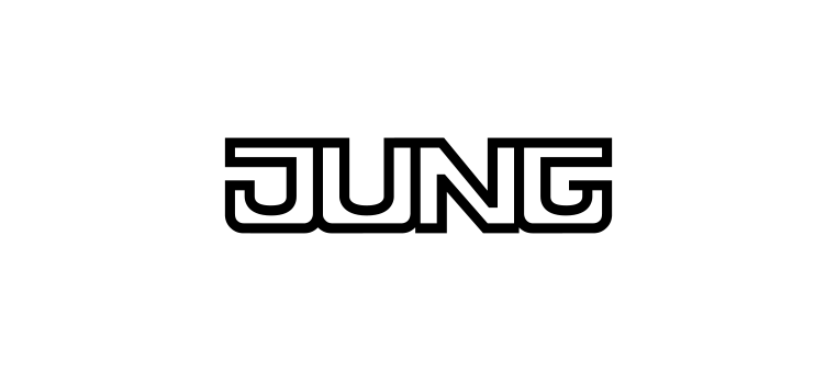 Logo für Jung, eine Marke. Das Wort „JUNG“ ist in fetter, umrandeter schwarzer Schrift auf weißem Hintergrund dargestellt.
