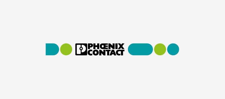 Logo von Phoenix Contact mit türkisfarbenen und grünen Punkten und Balken.