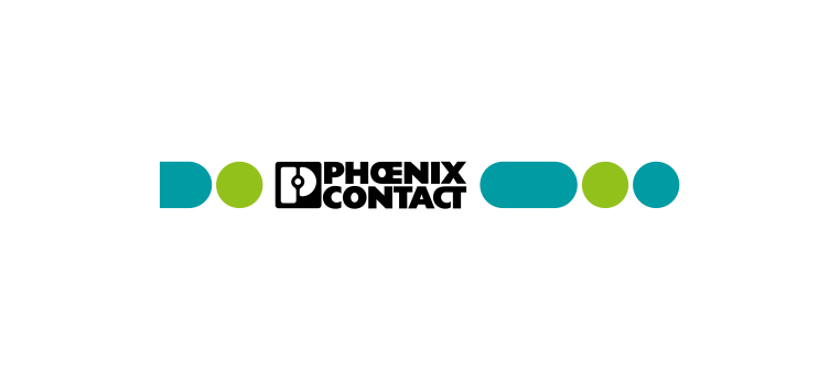 Phoenix Contact-Logo mit einer Reihe farbiger Formen und Text.