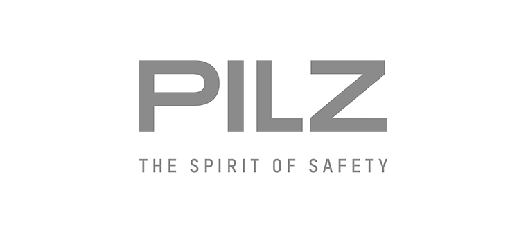 PILZ-Logo: Grauer Schriftzug „PILZ“ über „THE SPIRIT OF SAFETY“ auf weißem Hintergrund.