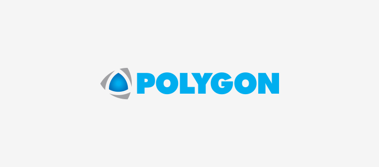 Logo von Polygon, eine türkisfarbene Wortmarke mit einem Symbol aus einem blauen und grauen Dreieck.