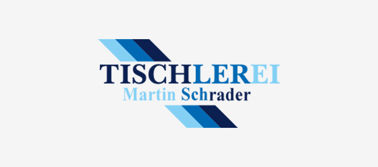 Logo für Tischlerei Martin Schrader mit gestapelten blauen geometrischen Formen und Text.
