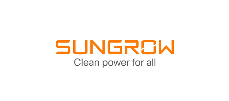 Sungrow-Logo mit orangefarbenem Text: „SUN GROW“ und Slogan „Saubere Energie für alle“