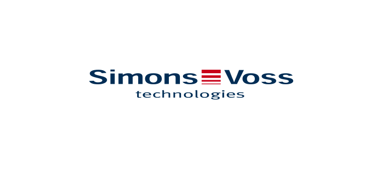 Logo von SimonsVoss Technologies mit blauem Text und roten horizontalen Linien.
