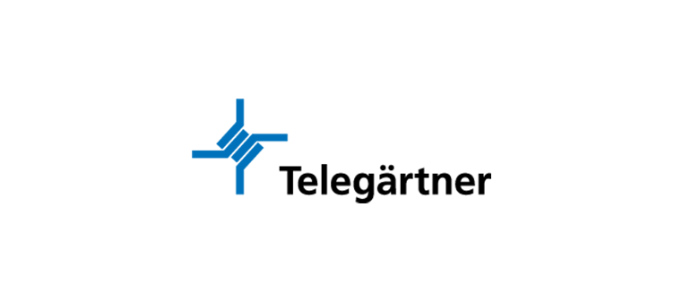 Telegärtner-Logo: Blaues stilisiertes Kreuzsymbol mit dem Text „Telegärtner“ rechts daneben.